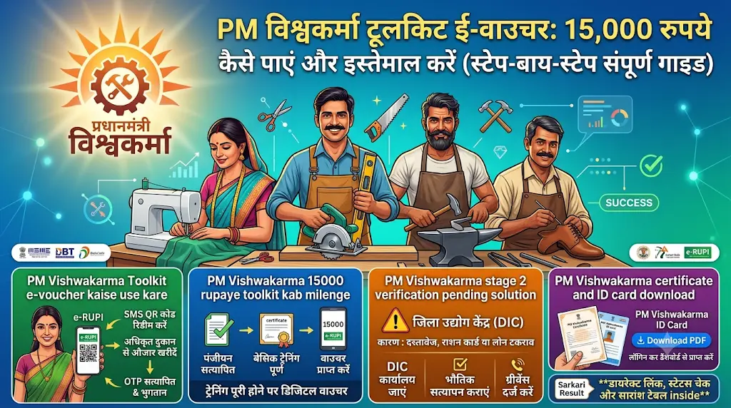 PM Vishwakarma Toolkit E-Voucher Kaise Use Kare? 15,000 रुपये टूलकिट, Stage 2 Verification Pending और Certificate Download की पूरी जानकारी