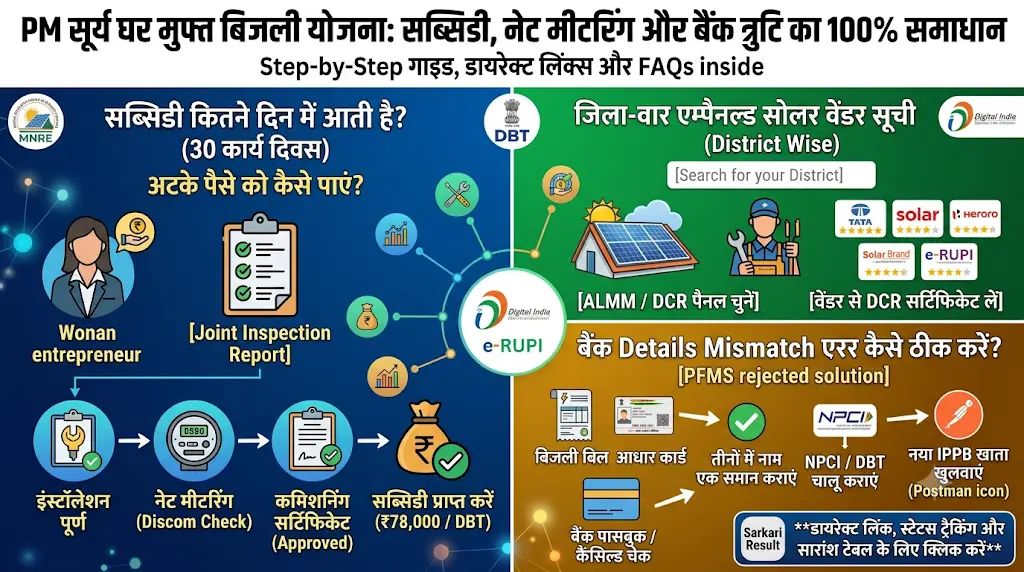 PM Surya Ghar Yojana Subsidy Kitne Din Me Aati Hai? Net Metering Process, Bank Mismatch Solution और Vendor List
